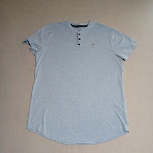Hollister Mens Henley Tee Light Blue Heathered Short Sleeve Large Curved Hem